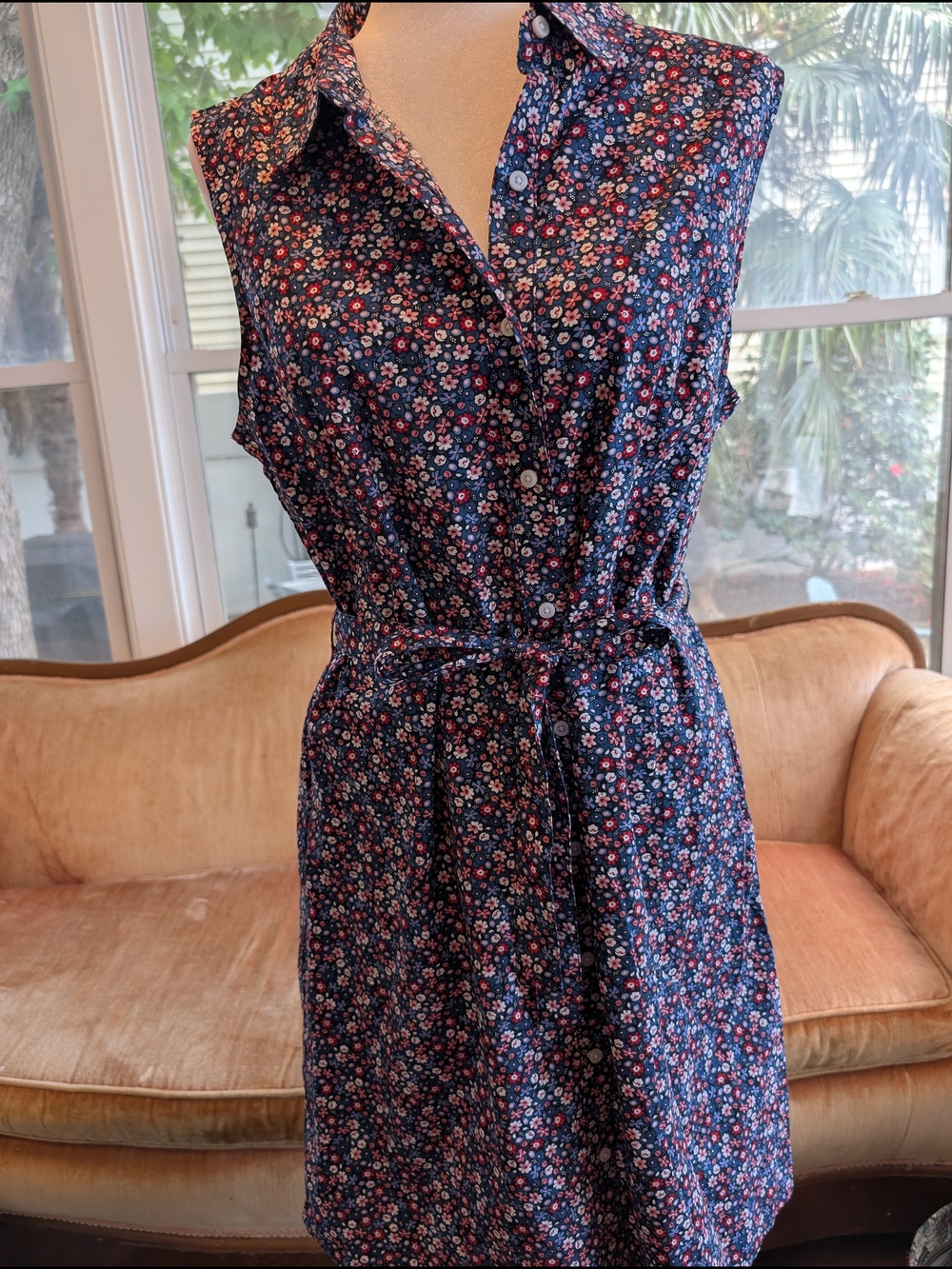 Tommy Hilfiger Navy Sleeveless Floral Button-Front Midi Dress with Tie Waist